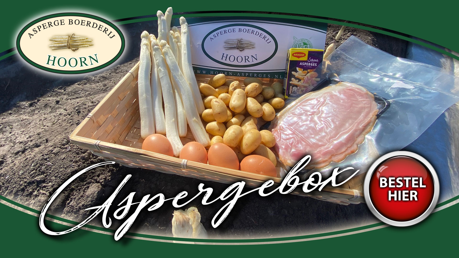 De aspergebox van Aspergeboerderij Hoorn, met daarin asperges, aspergesaus, eieren, krieltjes, ham en een recept. Klik hier om te bestellen
